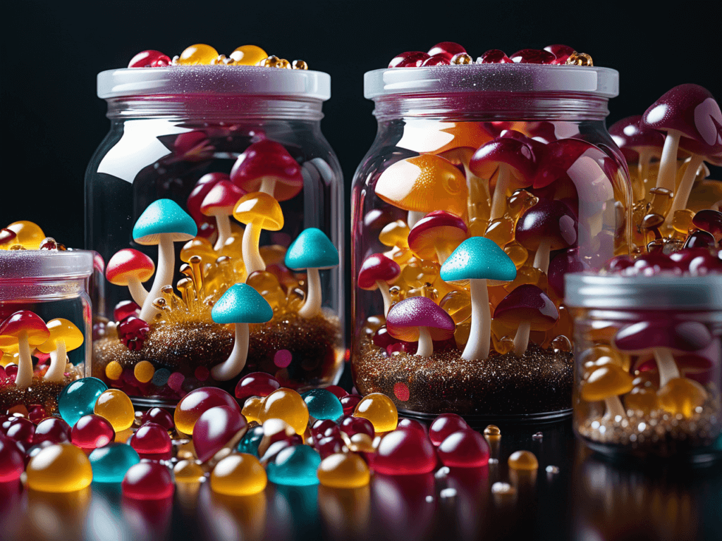 magic mushroom gummies in transparent jars for sale